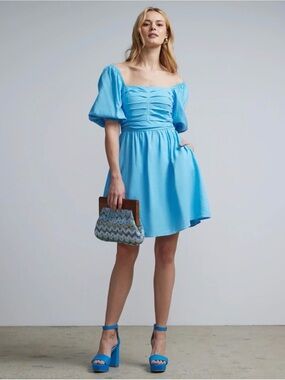 New York & Company Bright Blue Puff-Sleeve Mini Dress with side pockets